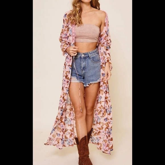 Lightweight boho floral lace trim self tie long kimono duster maxi cardigan - Picture 9 of 15